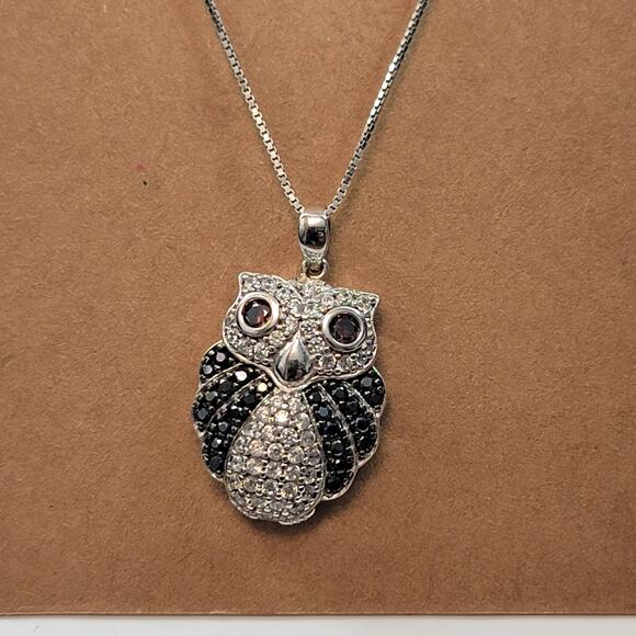 Vintage Sterling Silver Owl Pendant Necklace with Black and Clear CZ 925 Stamped - Picture 7 of 10